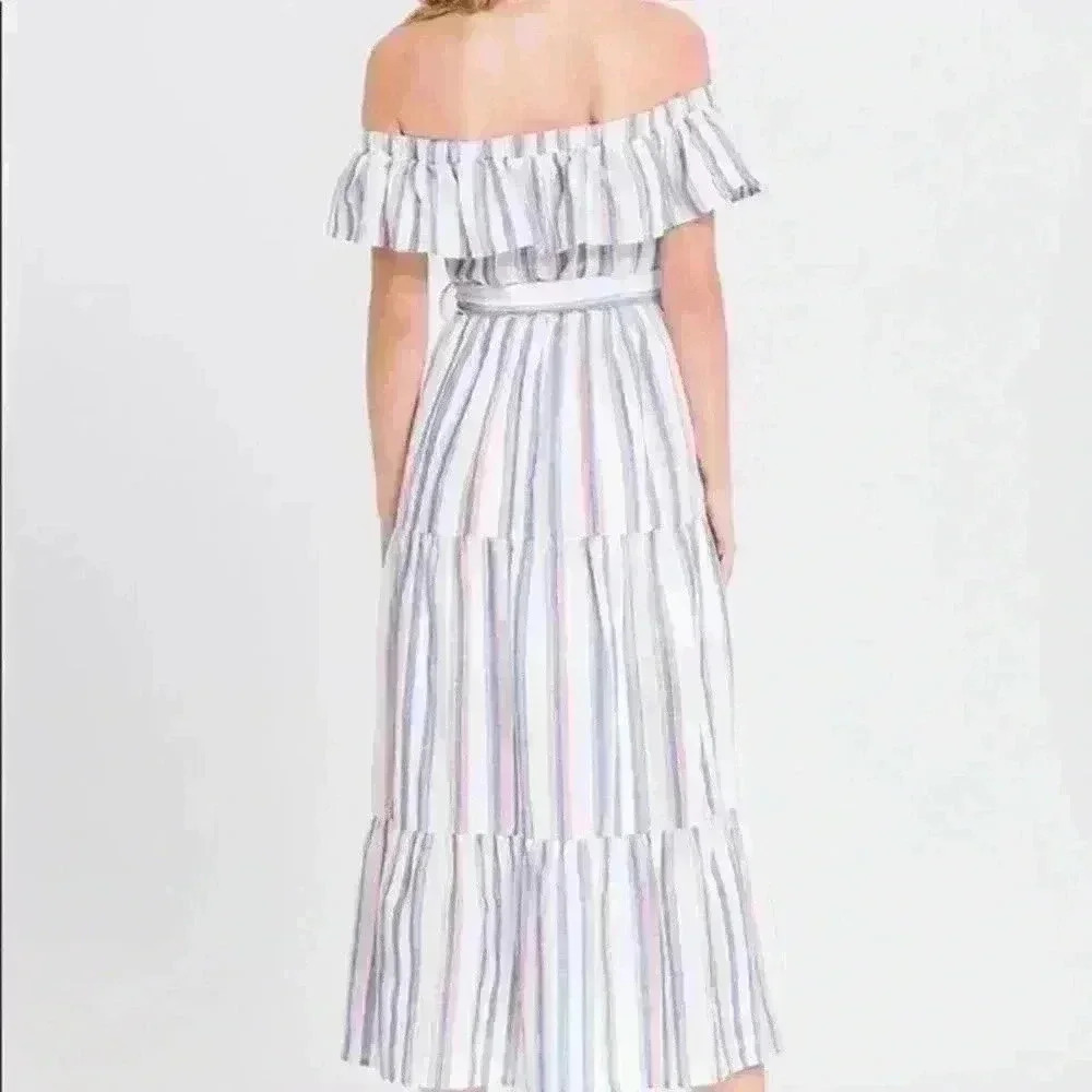 English Factory Off Shoulder Color Striped Tiered Ruffle Midi Dress Size Medium - Picture 2 of 8